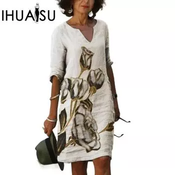 IHUASU Женский летний свободный льняной принт из бамбукового волокна с коротким рукавом и цветочным принтом, винтажная литература, круглый вырез, рукав пять точек S зелёный