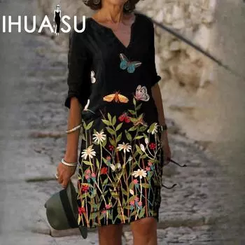 IHUASU Женский летний свободный льняной принт из бамбукового волокна с коротким рукавом и цветочным принтом, женский винтажный литературный круглый вырез, рукав пять точек S чёрный