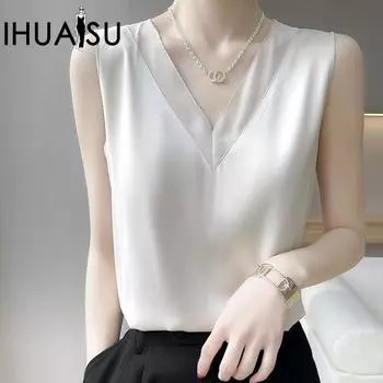 IHUASU Женский летний темпераментный шелковый топ-майка без рукавов с V-образным вырезом, свободная тонкая нижняя часть S белый