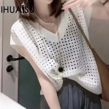 IHUASU Женский летний тонкий трикотажный жилет с вырезом и V-образным вырезом, присборенный топ One size белый