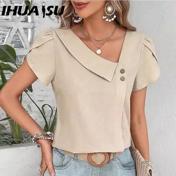 IHUASU Женский летний топ из хлопка с небольшим диагональным воротником, однотонный, стираный S чёрный