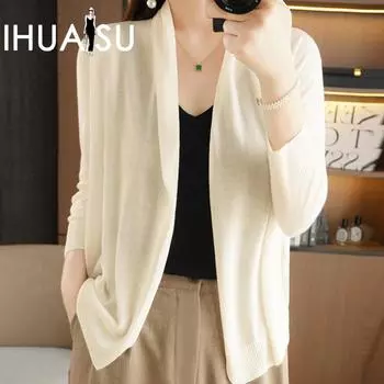 IHUASU Женский летний трикотаж с кондиционером, тонкий срез льняного кардигана из ледяного шелка, кардиган с длинными рукавами, шаль, верхняя одежда большого размера, шаль M чёрный
