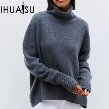 IHUASU Женский модный повседневный однотонный свитер с длинным рукавом и высоким воротом на осень и зиму S белый