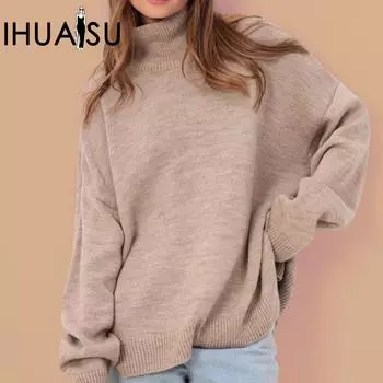 IHUASU Женский модный повседневный однотонный свитер с длинным рукавом и высоким воротом на осень и зиму S розовый