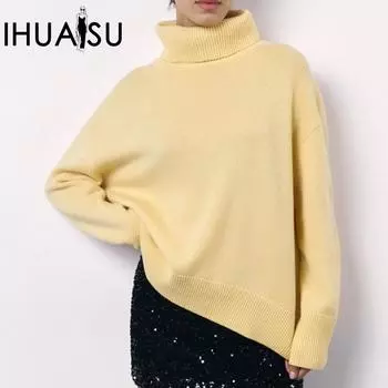 IHUASU Женский модный повседневный однотонный свитер с длинным рукавом и высоким воротом на осень и зиму S мерцание