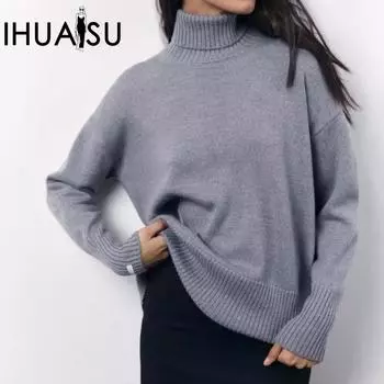 IHUASU Женский модный повседневный однотонный свитер с длинным рукавом и высоким воротом на осень и зиму S чёрный