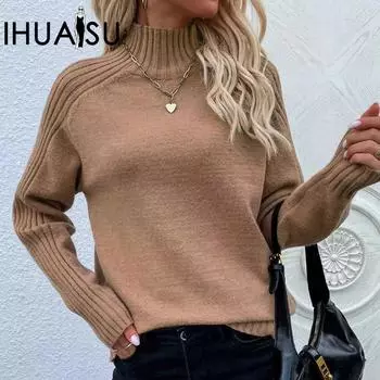 IHUASU Женский однотонный свитер осень-зима с высоким воротом, свободный однотонный женский свитер S чёрный