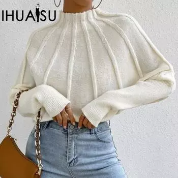 IHUASU Женский однотонный трикотажный свитер с высокой горловиной и рукавами «летучая мышь» S чёрный