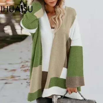 IHUASU Женский осенне-зимний клетчатый свитер для поездок на работу, клетчатый кардиган с плетением, свободная вязка, куртка S хаки