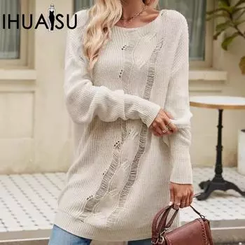 IHUASU Женский осенне-зимний модный однотонный свободный свитер с пуговицами и веревкой S зелёный