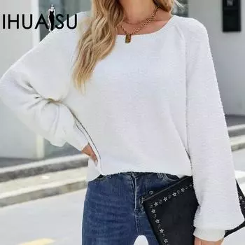IHUASU Женский осенне-зимний модный свитер с длинным рукавом и круглым вырезом, свободный, однотонный S белый