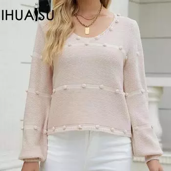 IHUASU Женский осенне-зимний модный свитер с длинным рукавом и U-образным вырезом, свободный однотонный свитер-пуловер S белый