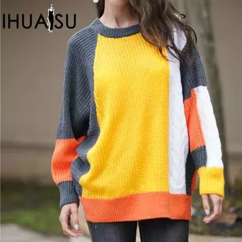 IHUASU Женский осенне-зимний модный свободный вязаный свитер большого размера с цветными блоками, темпераментный свитер для поездок на работу S оранжевый