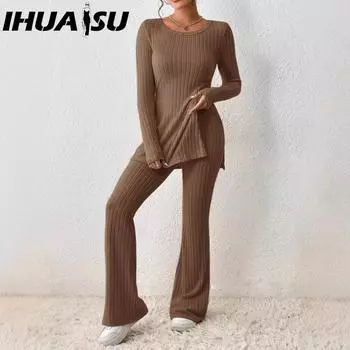 IHUASU Женский осенне-зимний однотонный повседневный облегающий костюм с длинным рукавом и круглым вырезом для дома и улицы, женские костюмы и комплекты S светло-серый