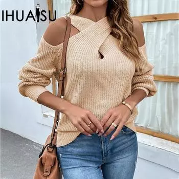 IHUASU женский осенне-зимний однотонный трикотажный свитер с открытой спиной и рукавами-фонариками S хаки