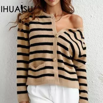 IHUASU Женский осенне-зимний полосатый модный свободный вязаный свитер однобортный кардиган свитер S белый