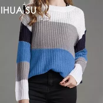 IHUASU Женский осенне-зимний полосатый свитер-пуловер, свободный свитер большого размера с радужной вязкой S розовый