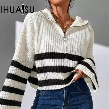 IHUASU Женский осенне-зимний полосатый свитер-туника с воротником-стойкой и контрастными цветами S белый
