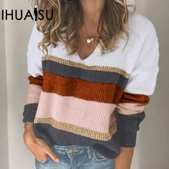 IHUASU Женский осенне-зимний полосатый вязаный свитер с V-образным вырезом S