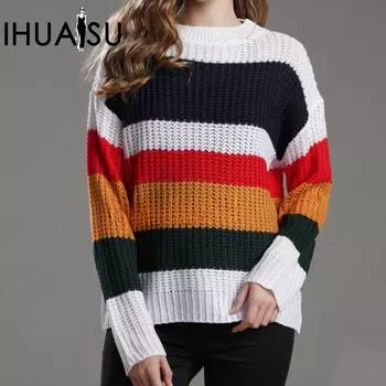 IHUASU Женский осенне-зимний пуловер с радужным узором, свободный свитер для поездок на работу S разноцветный