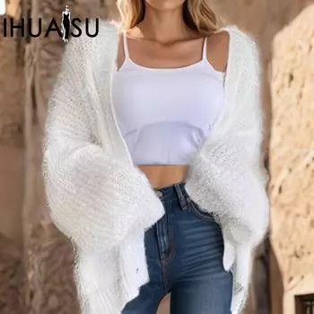 IHUASU женский осенне-зимний пушистый кардиган однотонный свитер свободная вязаная куртка с карманами S белый