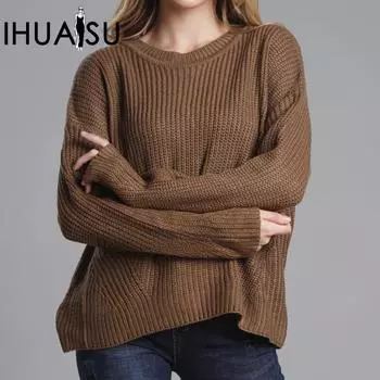 IHUASU Женский осенне-зимний свитер для поездок на работу свободной вязки с круглым вырезом средней длины S хаки
