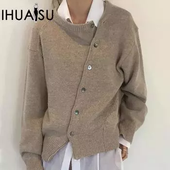 IHUASU Женская осенне-зимняя косая пуговица нерегулярного дизайна свободный стиль свитер кардиган вязаная куртка S чёрный