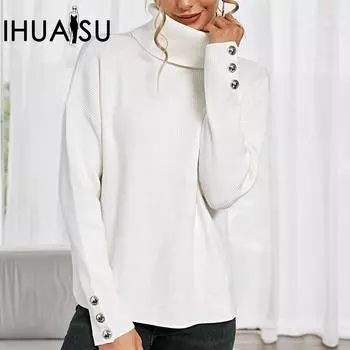 IHUASU Женский осенне-зимний свитер с высоким воротником и застежкой на пуговицы, однотонный свитер с высоким воротом, вязаный свитер большого размера S белый