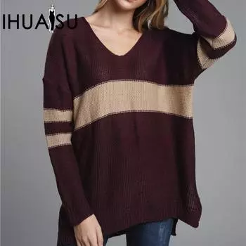 IHUASU Женский осенне-зимний свитер свободного покроя с V-образным вырезом в полоску S чёрный
