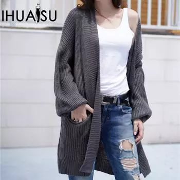 IHUASU Женский осенне-зимний свободный кардиган для поездок на работу, трикотажная одежда, свободная модная куртка с круглым вырезом, свитер S серый