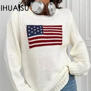 IHUASU женский осенне-зимний свободный круглый вырез с узором флага простой универсальный вязаный джемпер S белый