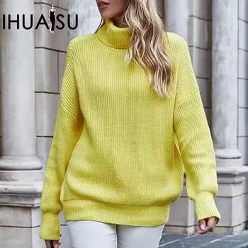 IHUASU Женский осенне-зимний свободный свитер с высоким воротом, однотонный свитер большого размера S белый