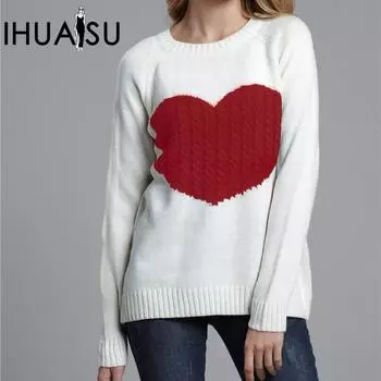 IHUASU Женский осенне-зимний свободный свитер с круглым вырезом, трикотаж Love Fashion Sweater S белый