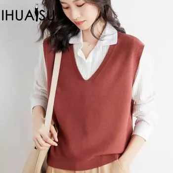 IHUASU Женский осенне-зимний свободный трикотажный жилет с V-образным вырезом, однотонный, с коротким рукавом, без рукавов, с открытыми плечами S розовый