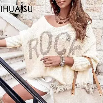 IHUASU Женский осенне-зимний свободный вязаный свитер с длинным рукавом и надписью в стиле пэчворк, модный вязаный свитер S абрикосовый