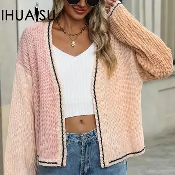 IHUASU Женский осенне-зимний темпераментный дорожный свободный вязаный кардиган куртка джемпер S чёрный