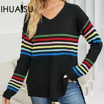 IHUASU Женский осенне-зимний трикотаж Полосатый радужный пуловер Свитер с V-образным вырезом S чёрный
