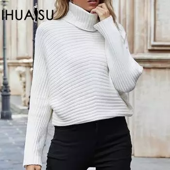 IHUASU Женский осенне-зимний трикотаж, свободный, большого размера, однотонный, с высоким воротом, модный свитер S белый