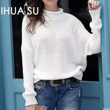 IHUASU Женский осенне-зимний трикотаж, свободный, однотонный, большого размера, темпераментный, дорожный, с высоким воротом S белый