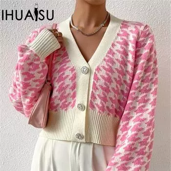 IHUASU Женский осенне-зимний вязаный кардиган с узором «Тысяча птиц» и рукавами-фонариками, короткая куртка S чёрный