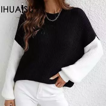 IHUASU Женский осенне-зимний вязаный свитер с круглым вырезом, длинный рукав, полосатый, свободный, большого размера S белый