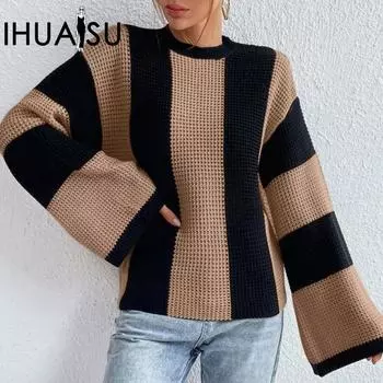 IHUASU женский осенне-зимний вязаный свитер с круглым вырезом и полосатым узором, пальто-свитер Niche S хаки