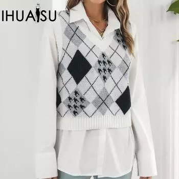 IHUASU Женский осенне-зимний вязаный жилет в клетку «Тысяча птиц», жаккардовый жилет-свитер S белый