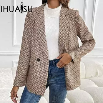 IHUASU Женский осенний повседневный пиджак с воротником-поло на пуговицах, с длинным рукавом и карманом, деловой пиджак S хаки