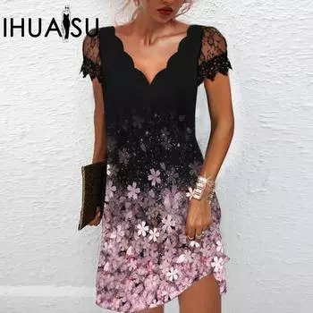 IHUASU Женский Персонализированный позиционирующий принт Поп-волна V-образный вырез Кружева С короткими рукавами S