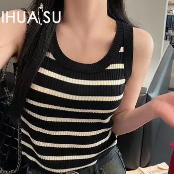 IHUASU Женский полосатый трикотажный жилет, внутренняя кофточка, верхняя одежда, черный низ, без рукавов, дизайн Niche One size