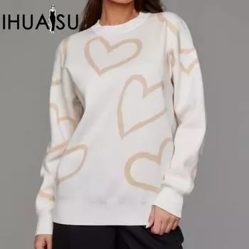 IHUASU Женский пуловер Love Jacquard с круглым вырезом, вязаный джемпер, модные универсальные повседневные топы на осень и зиму S хаки