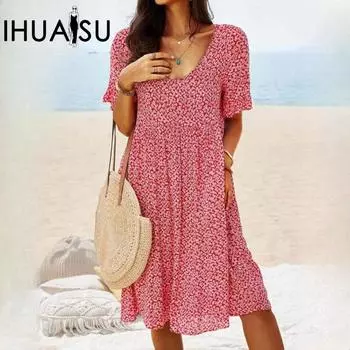 IHUASU Женский пуловер с принтом Длинный миди Городской повседневный винтажный короткий рукав платья S жёлтый