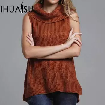 IHUASU женский пуловер вязаный свитер маленький жилет осень и зима свободный однотонный топ с высоким воротом S дымчатый топаз