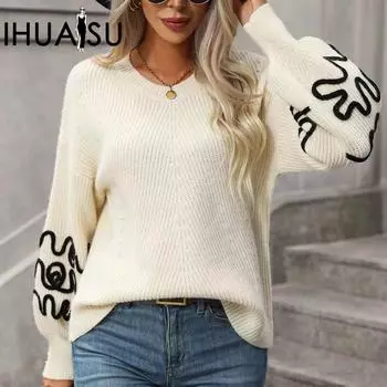 IHUASU Женский пуловер вязаный свитер однотонный узор модный свитер женщина S серый